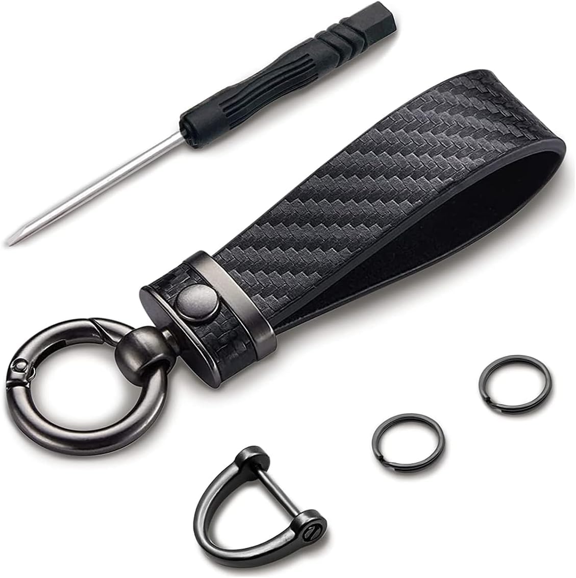 1 PC Carbon Fiber Style Car Keyring - Black Leather Keychain with 360° Rotating Anti-Lost D-Ring - Detachable Key Holder for Men and Women