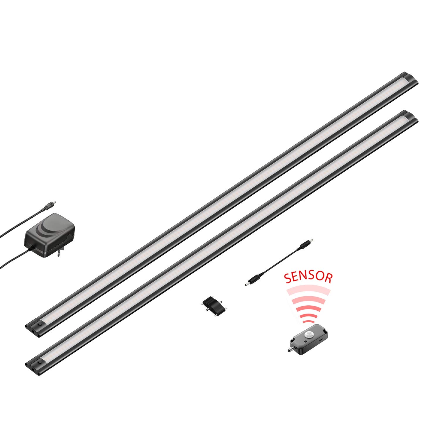 ledscom.de 2er Set LED Unterbau-Leuchte SIRIS schwarz matt, mit Bewegungsmelder, flach, je 90cm, je 963lm, warmweiß