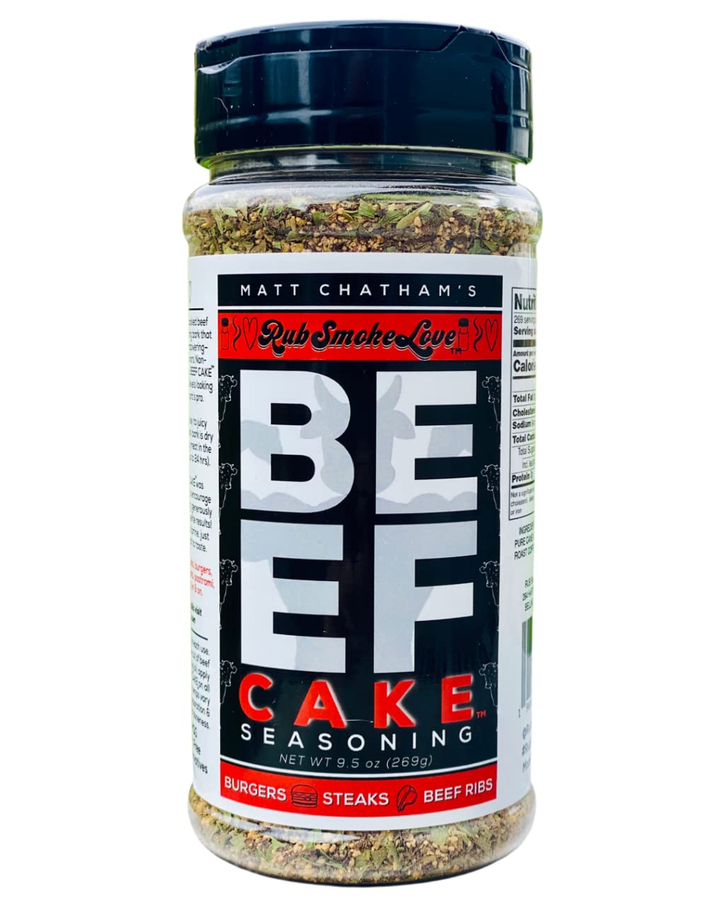 Rub Smoke Love Beef Cake BBQ Seasoning - All-Natural Seasoning and BBQ Rub for Steaks, Burgers, Brisket, Beef Ribs, Veggies and More - Low in Sodium, Gluten Free, No MSG (9.5 oz) - by Matt Chatham