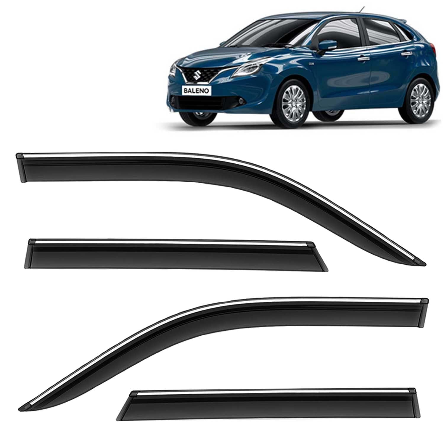 KINGSWAY Accessories Chrome Lining Door Visor Only Compatible with Maruti Suzuki Baleno Year 2015 to 2018 All Model, Premium Unbreakable Car Rain Guard Side Rear Wind Deflectors, Set of 4 Pcs