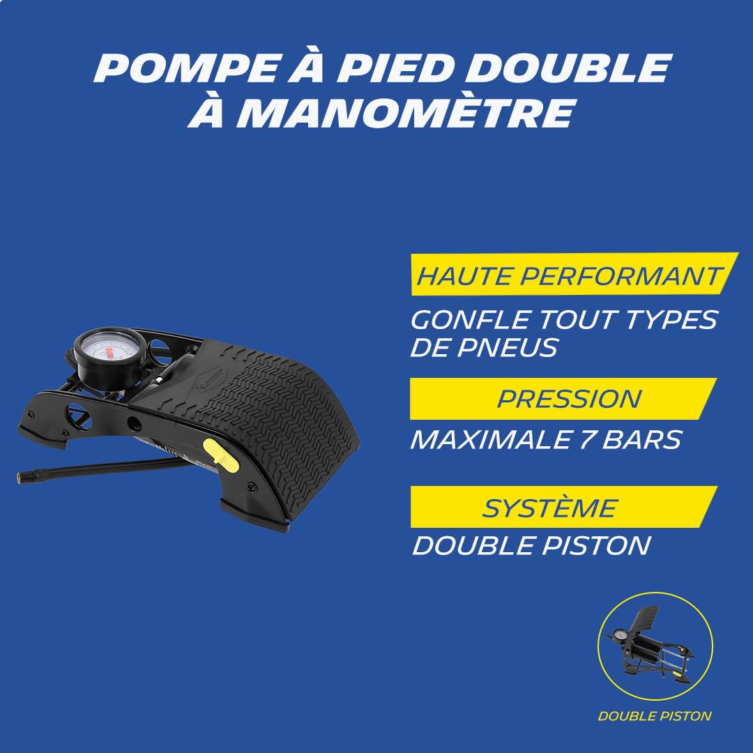 MICHELIN 009503 Pompe à Pied Double Piston avec Manomètre Analogique, 7 Bars, Flexible 80 cm – Gonfleur Vélo, Moto, Auto, Ballon – Haute Pression, Solide, Facile à Utiliser