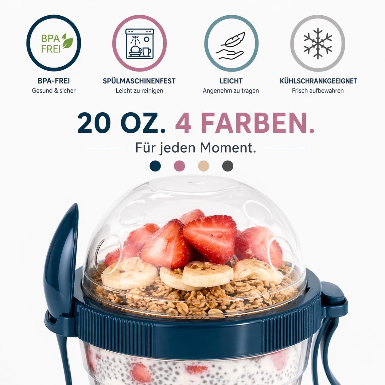 Set di 4 bicchieri per cereali, pratici bicchieri per yogurt da go, suddivisori per yogurt e cereali, corn flakes to Go,%100 senza BPA, perfetti per scuola e ufficio, contenitore per frutta, con