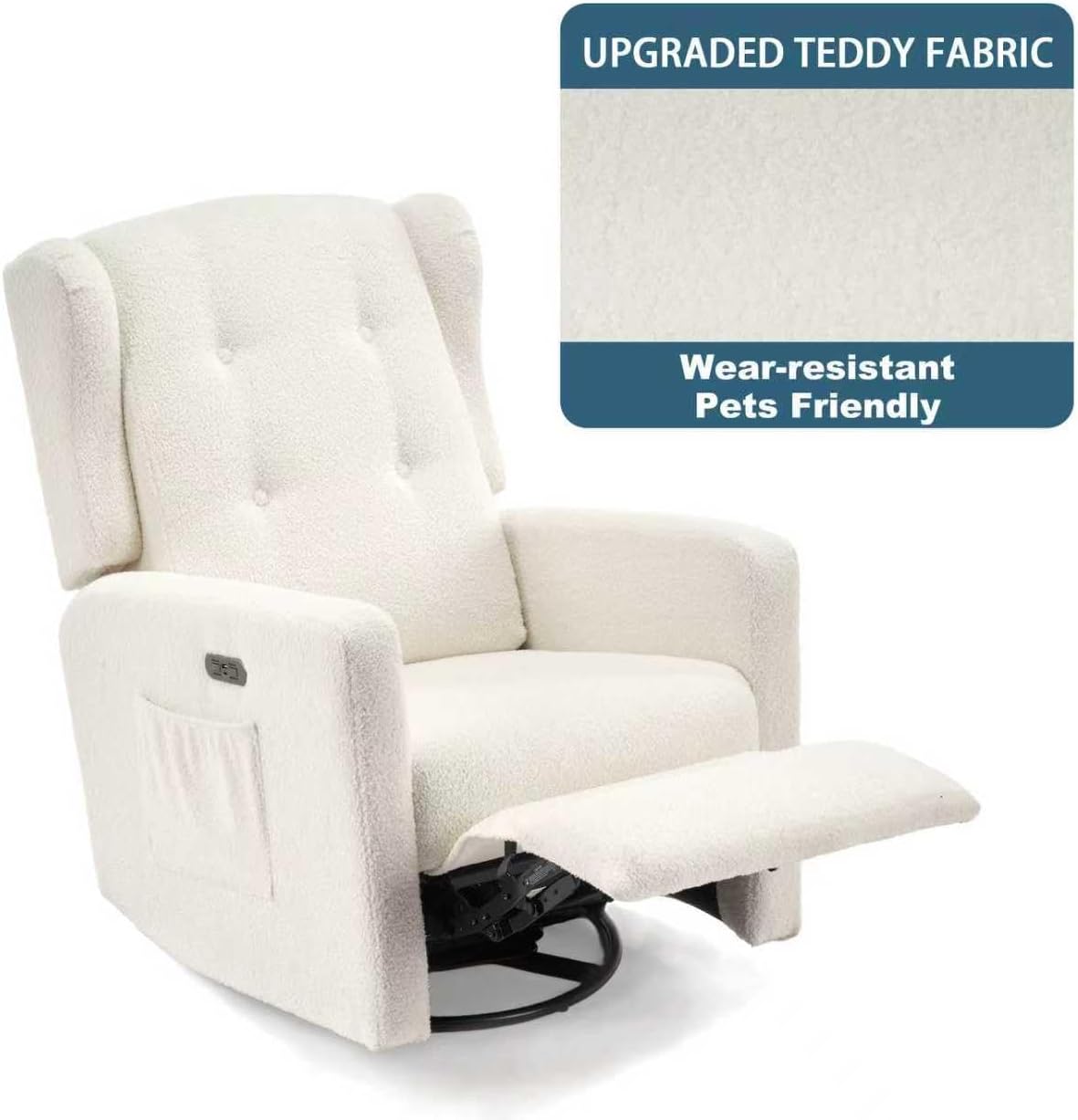 Power Swivel Rocking Recliner Chair, High Back Electric Rocker Nursery Glider Chair, USB and Type-C Ports, Upholstered Teddy Fabric Reclining Single Sofa Chair for Living Room (Teddy Beige)