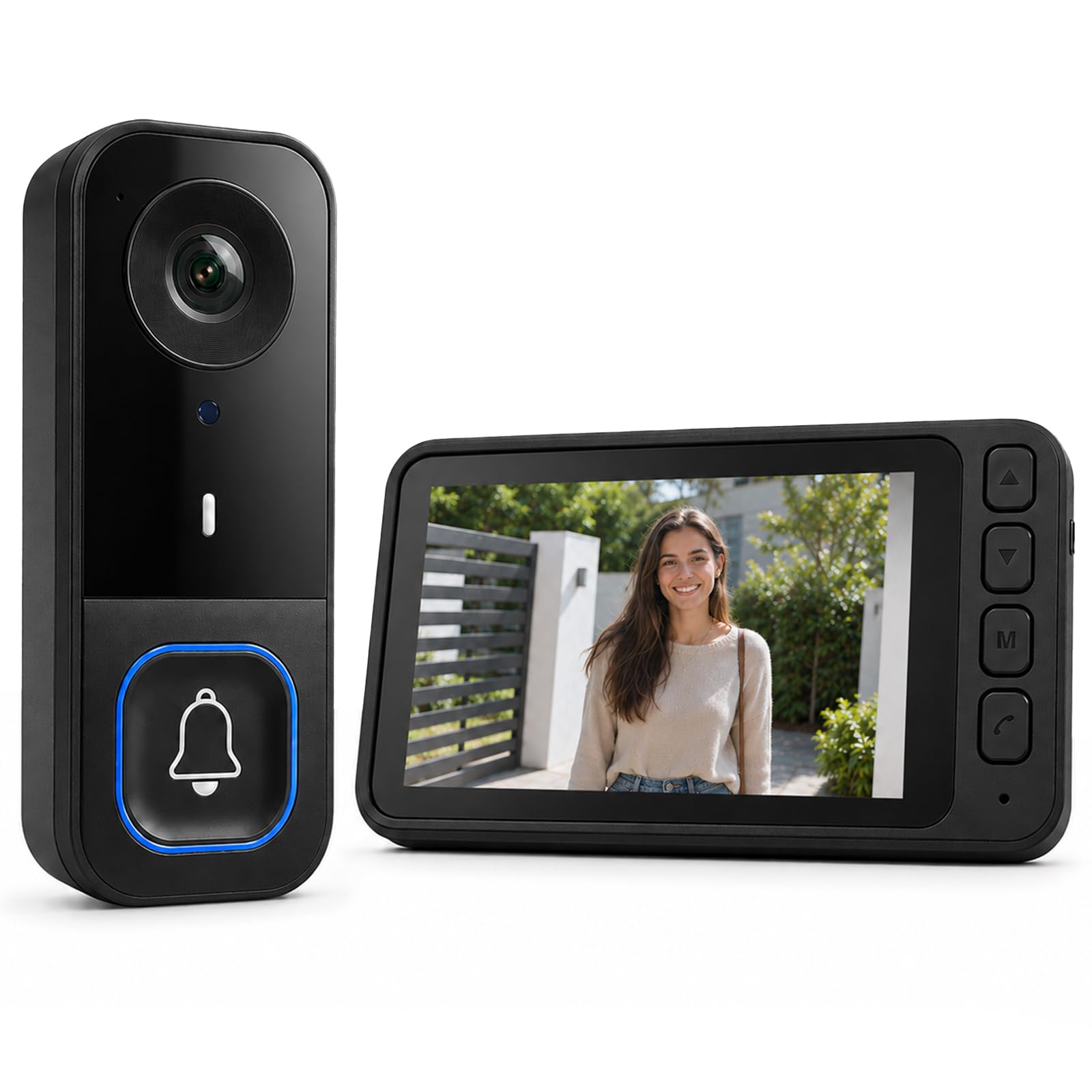Timbre Inalámbrico con Cámara Exterior Impermeable, Videoportero Inalambrico con Pantalla de 4,5", Angular de 120°, Visión Nocturna y Audio Bidireccional, Batería de Larga Duración, No Requiere WiFi