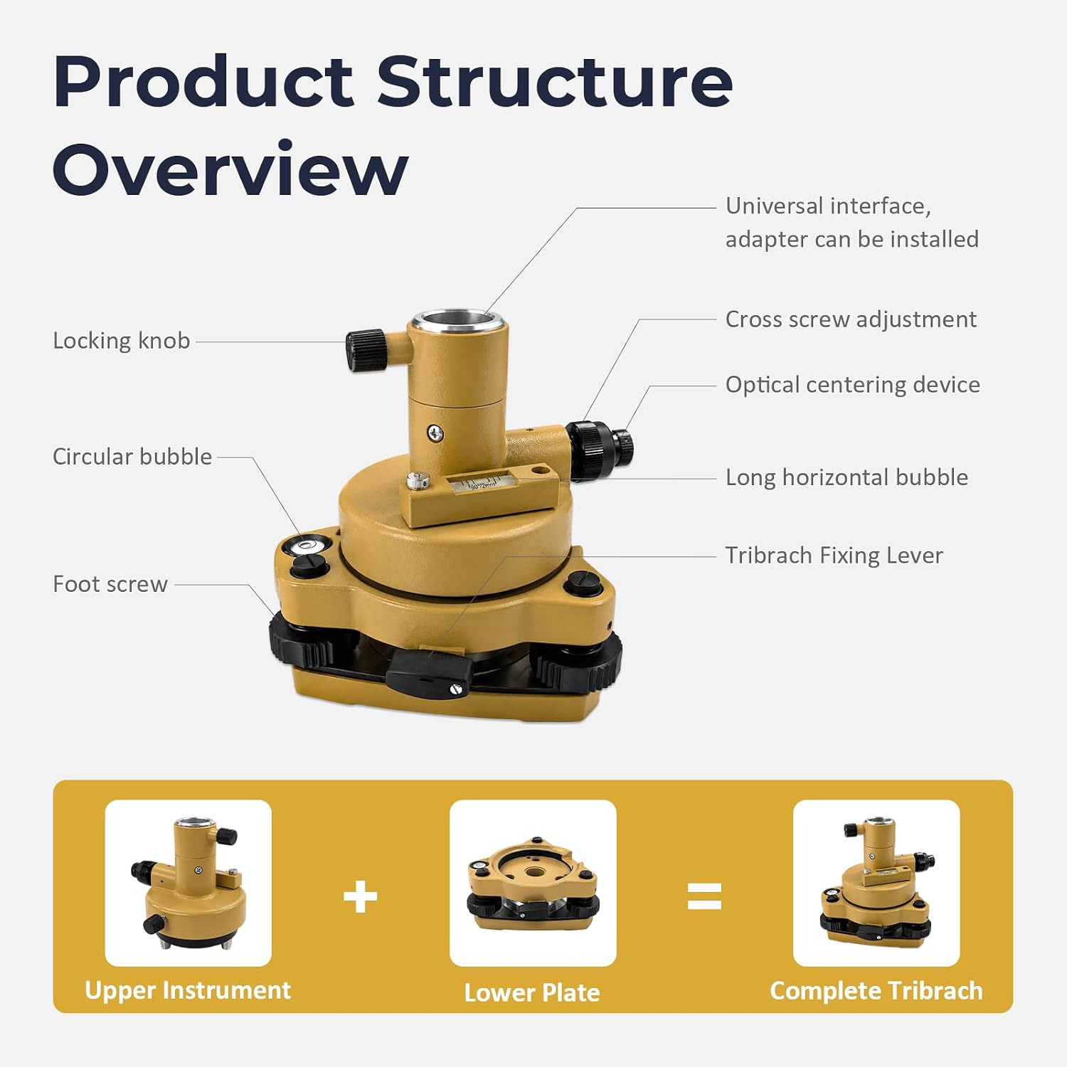 Yellow Surveying Tribrach with Adapter and Optical Plummet, Universal 5/8" Thread Leveling Base, Precision Alignment for Total Station Prism, Theodolite & RTK GNSS Receivers Survey Equipment Accessory