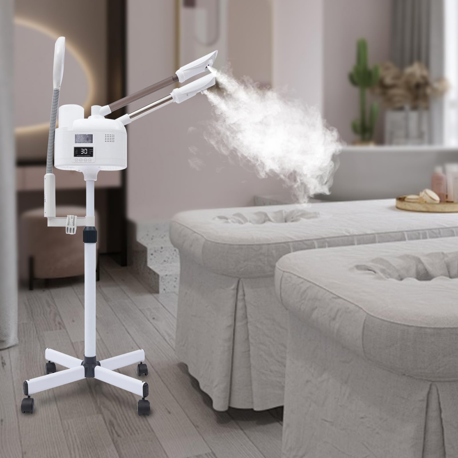 Vapozone estética profesional - Vapor facial y limpiador vaporizador - Pantalla táctil inteligente con LED y lupa - Ajustable en altura y ángulo - Para salones de belleza, estudios y hogar