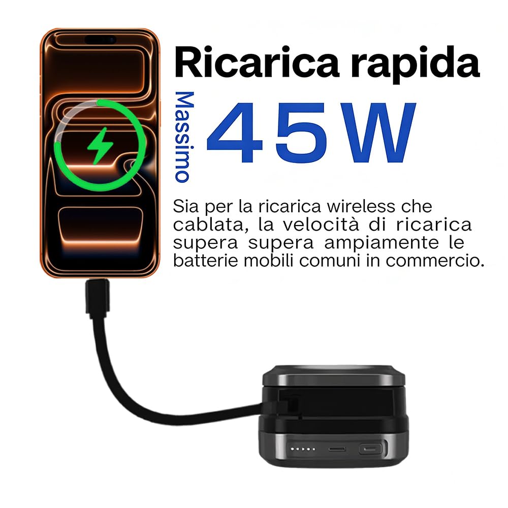 Batería Todo en Uno con Carga Magnética Inalámbrica 12000mAh | Triple Cable Extensible Integrado | Carga Rápida 45W PD para PC | Compatible con Apple Watch y Dispositivos Magnéticos（Plata）