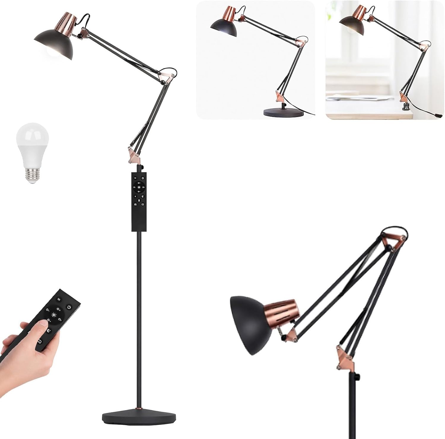 FIRVRE LED Floor Lamp with Remote Control, Dimmable Industrial Floor Light, 3 Usage Modes - Floors Lamp, Table Lamp and Clip Lamp,Pole Lamp for Living Room, Bedroom, Office (LED Bulb Included)