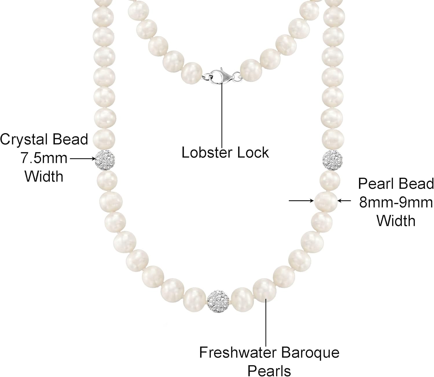 Savlano 8-9MM Cultured Freshwater Baroque Natural White Pearl Crystal Bead Necklace 17-inch, For Women Comes with Gift Box - Image 3