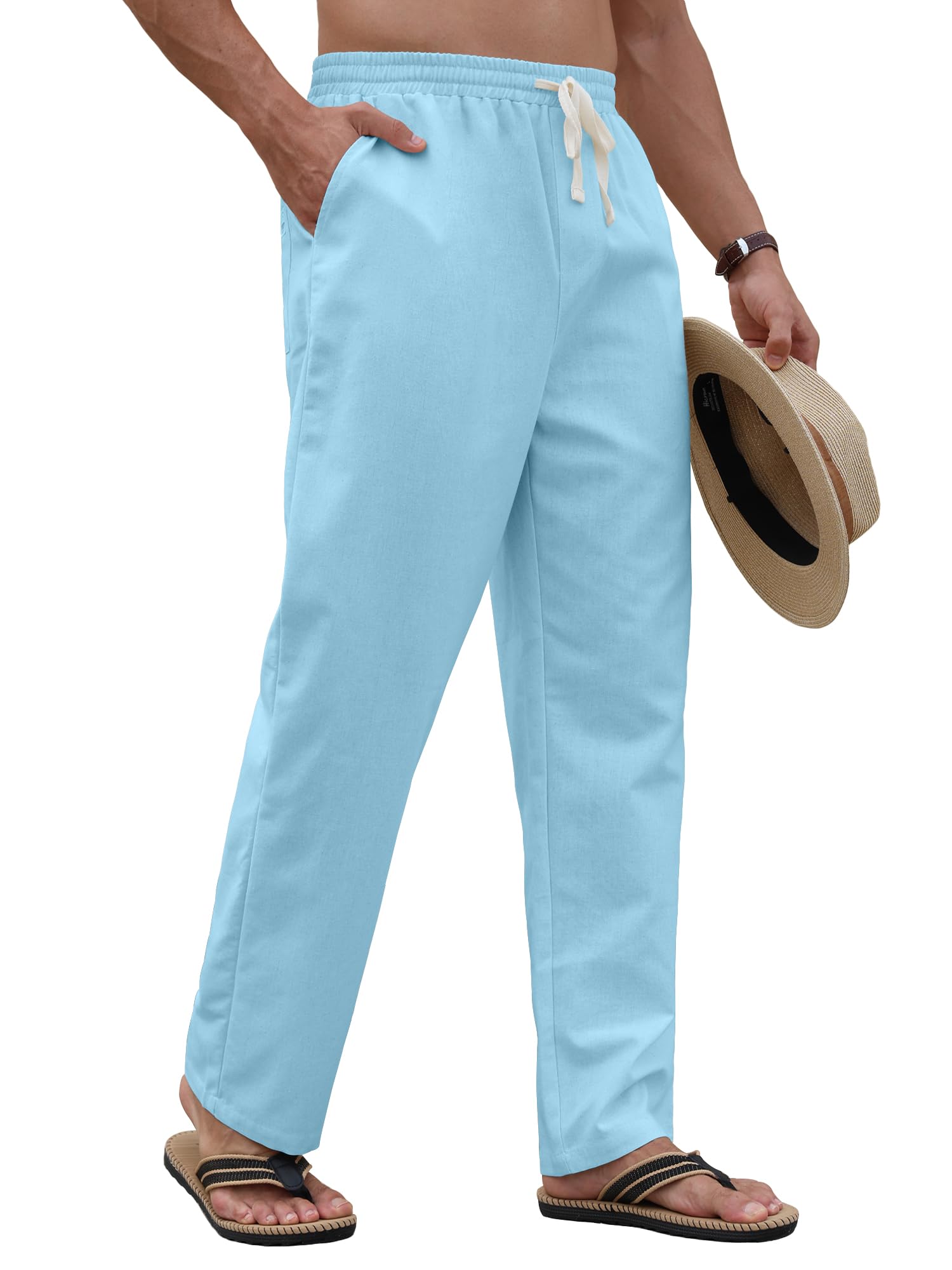PLEPAN Mens Linen Pants Elastic Waist Drawstring Casual Summer Beach Lightweight Yoga Trousers Loose Fit