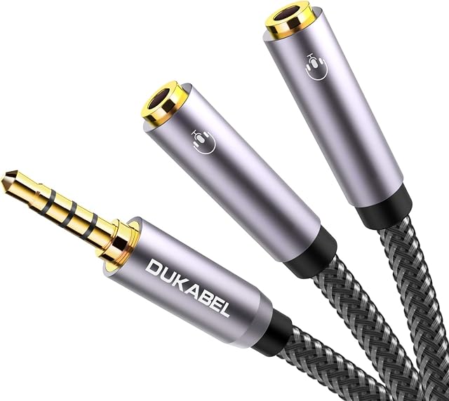 DuKabel Headphone Splitter, 3.5mm Stereo Audio Y Splitter Cable 4-Pole Male to 2-Female Port (Audio+Mic) Dual Headphone Jack Adapter to Connect Mobile Phone, Laptop, Strong Braided & Gold-Plated