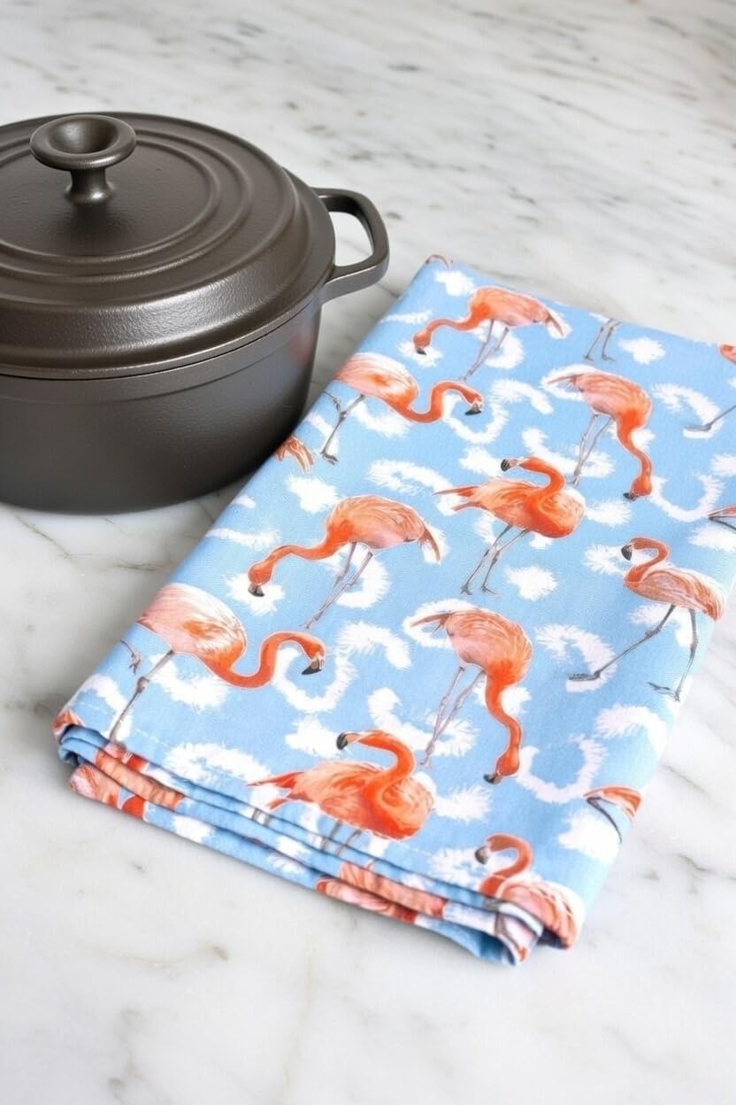Pack of Four - Vibrant and Colorful Flamingo Kitchen Towels/Flamingo Tea Towels for Daily Use & Home Decoration Blue Design