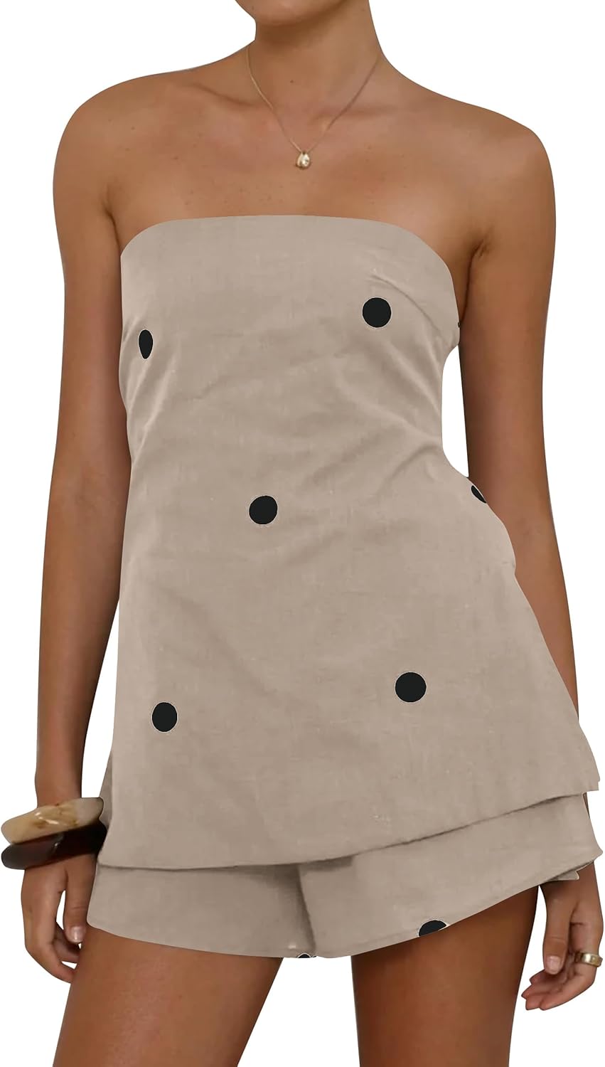 Women Polka Dot 2 Piece Shorts Set Summer Lounge Sets Smocked Strapless Top Shorts Matching Travel Vacation Outfits
