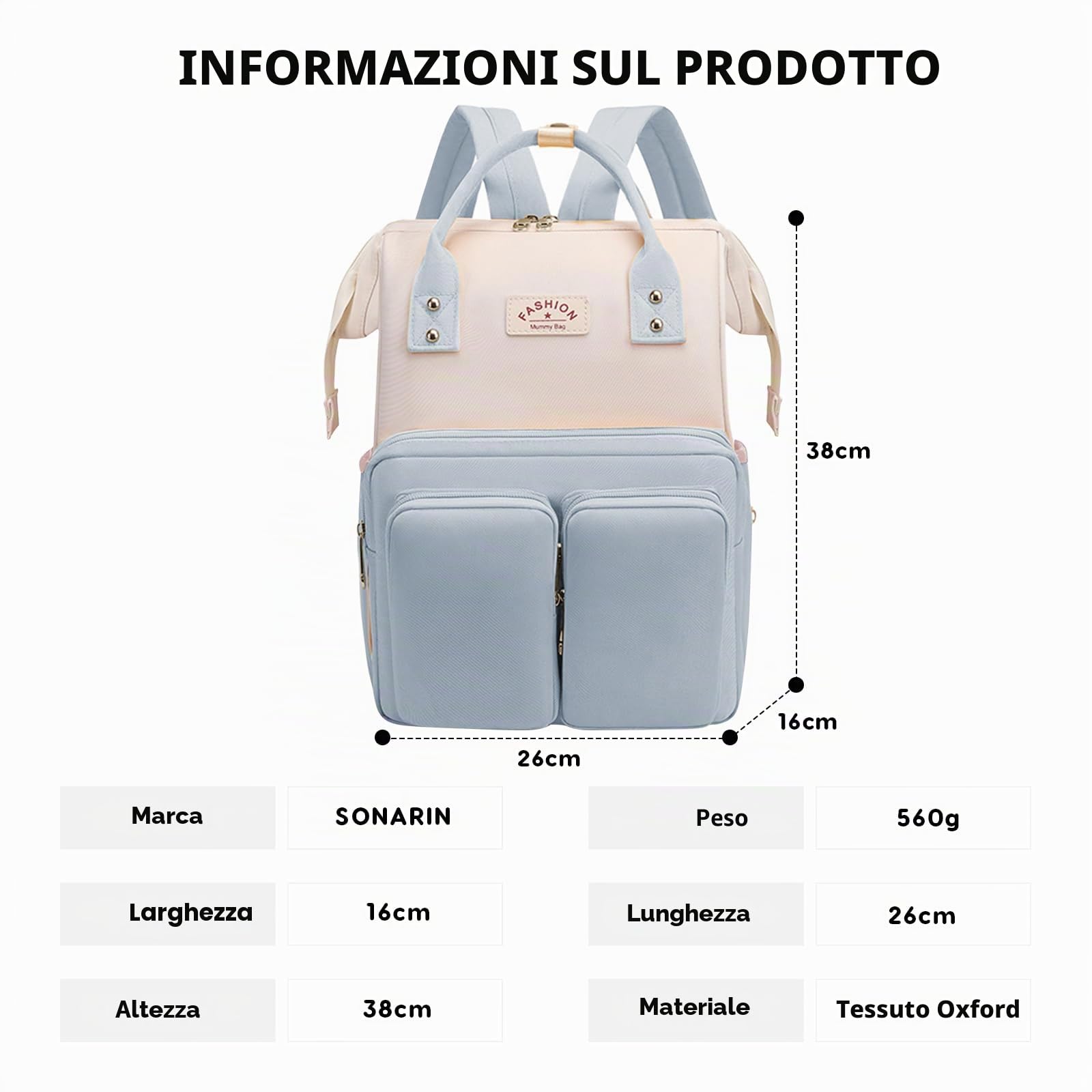 SONARIN Multifunzionale Portatile Zaino Fasciatoio,Grande Capacità Impermeabile Borsa per Pannolini Zaino Mamma Neonato Borsa Fasciatoio da Viaggio con Ganci per Passeggino(Blu)