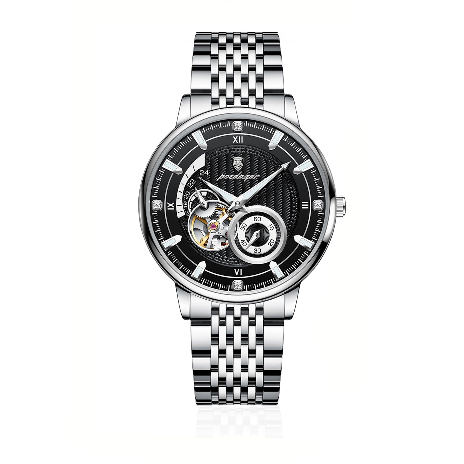 Poedagar Luxuriöse Herren-Armbanduhr, automatisches Skelett, mechanisch, wasserdicht, leuchtend, hohl, Tourbillon, Edelstahl, Herrenuhren