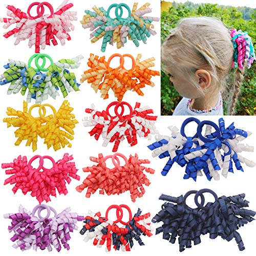 Qearl 24Pcs Curly Bows Hair Ties Boutique Grosgrain Ribbon Bows Ponytail Holder Hair Accessories for Girls Infants Toddlers In Pairs