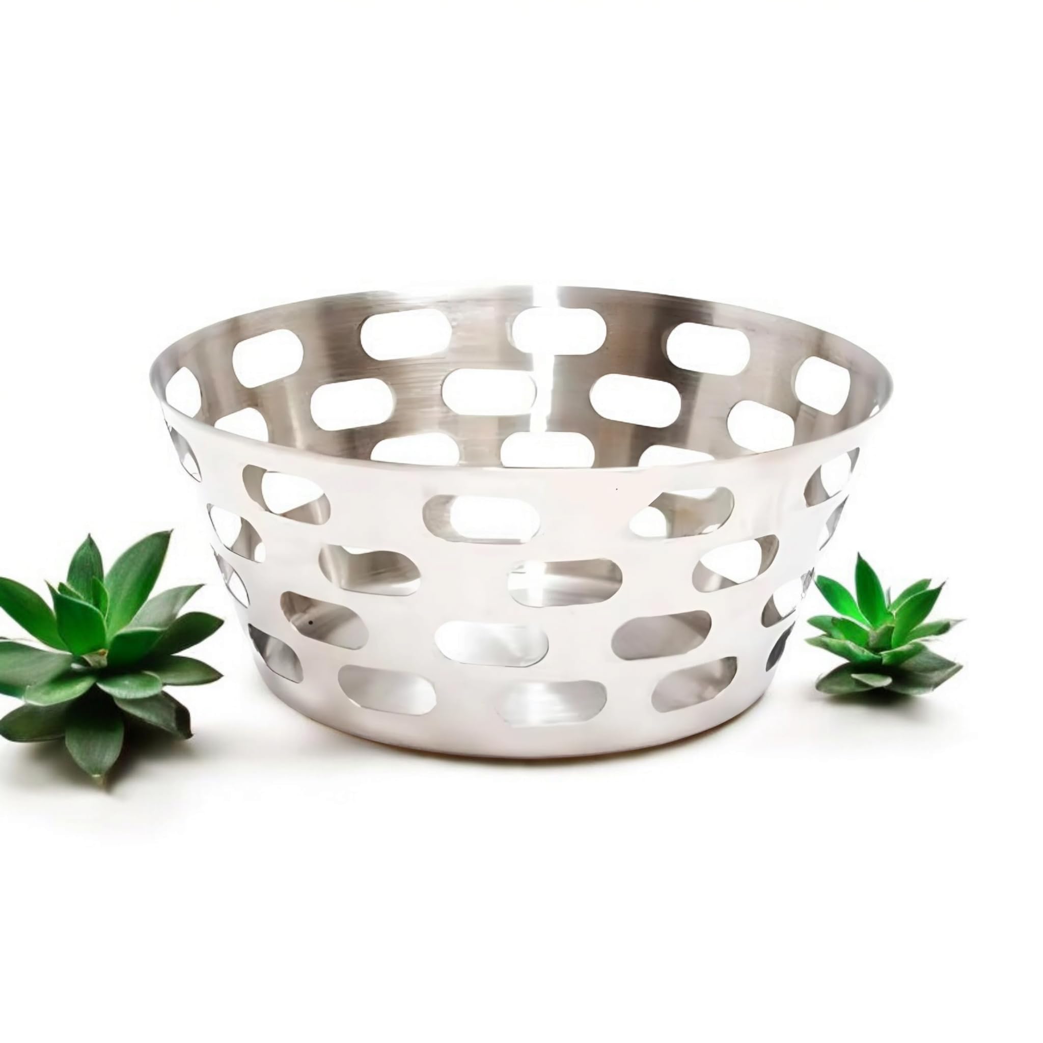 Synaptic Shadows Stainless Steel Round Capsule Punch Bread/Fruit/Roti/Naan Serving Basket for hotel, dining, restaurant 21 cm * 9 cm Pack of 1