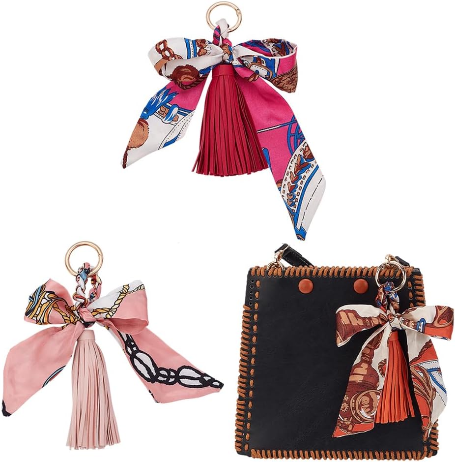 CHGCRAFT 3Pcs 3 Colors Silk Ribbon Bow Charm for Bags PU Imitation Leather Tassel Pendant Keychain with Alloy Key Rings Handbag Purse Decor Accessories