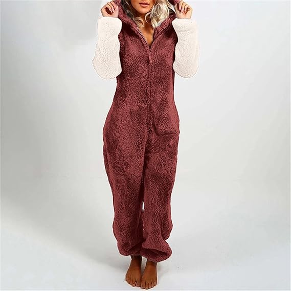 Produktbild von VICKY-HOHO Damen Langarm Kapuze Jumpsuit Pyjama Lässig Winter Warme Rompe Nachtwäsche, Plüsch