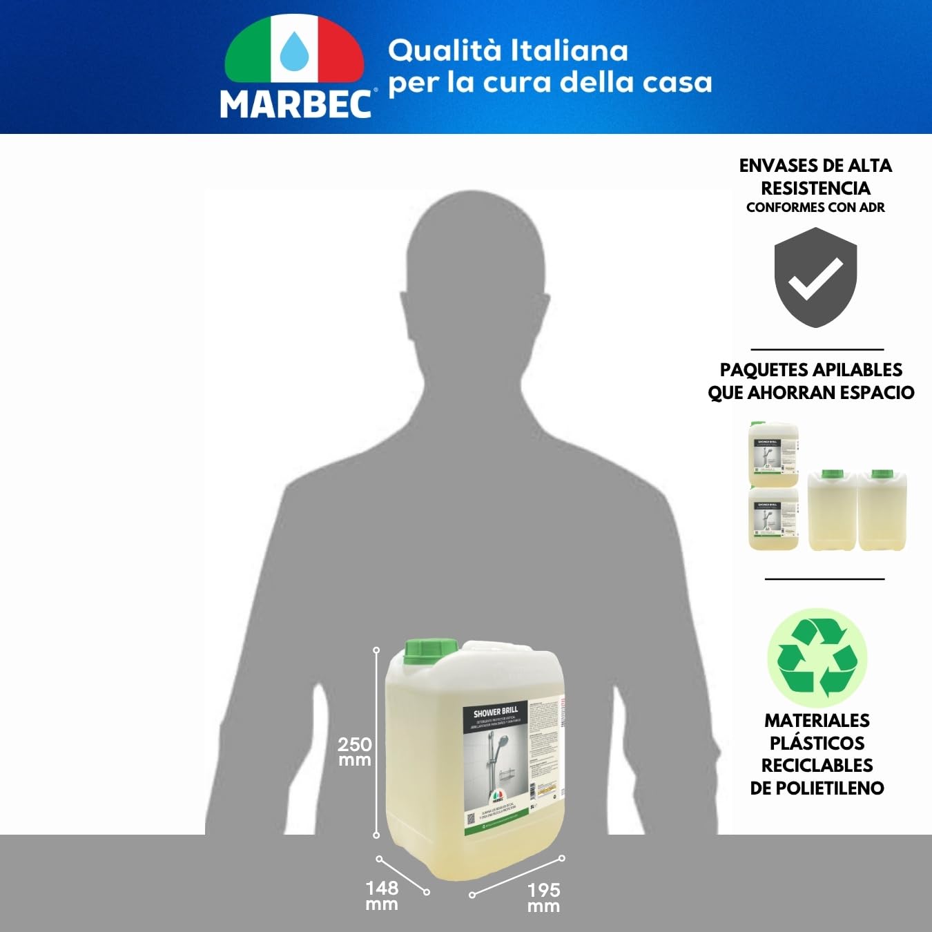 MARBEC SHOWER BRILL 5LTX4UDS Limpiador antical para baño, protector anti-gotas, para cerámicas y vidrios, reduce cal y residuos, fácil mantenimiento diario.