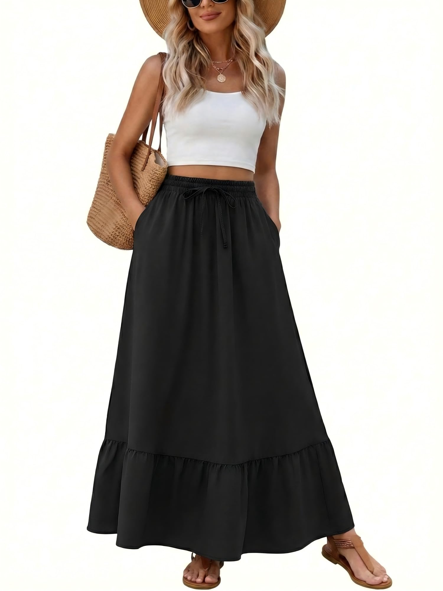 Heymoments Maxi Skirts for Women High Waisted Flowy 2026 A Line Cute Pleated Casual Beach Long Skorts with