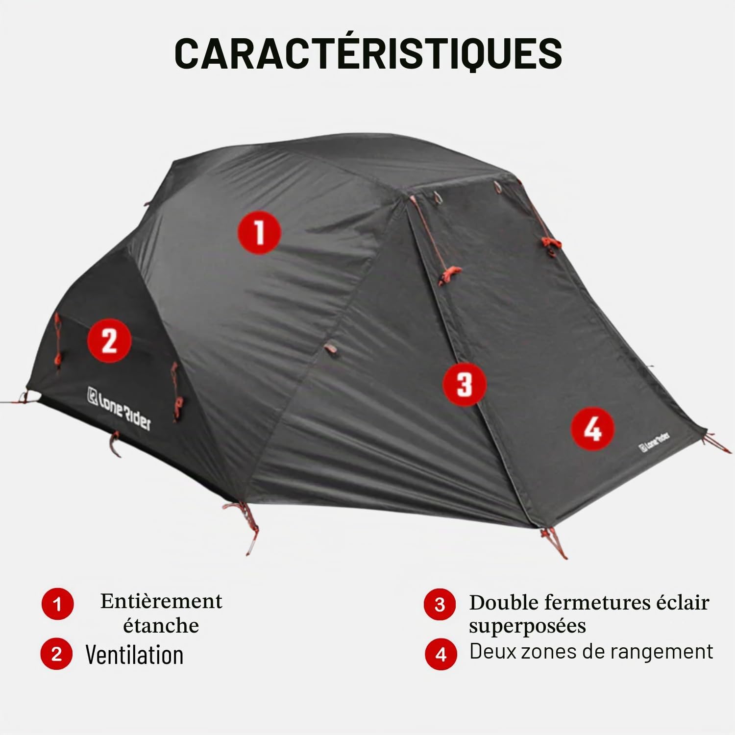 Lone Rider ADVTent - Tente Moto Camping 2 Personnes Imperméable | Tente dôme légère, montage 1 arceau, ventilation mesh & rangement. Sac, sardines & auvent inclus. Camping & randonnée.