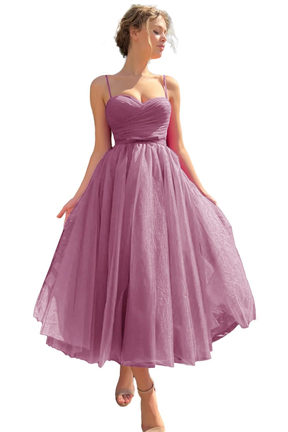 Sevintage Spaghetti Straps Tulle Prom Dress Tea Length Formal Party Evening Dress with Pockets