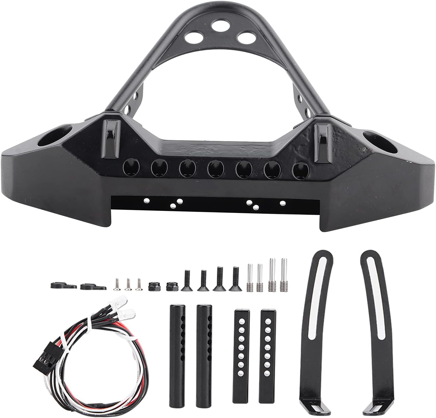 RC Crawler Car Front Bumper, RC Car Metal Bumper with 2 LED Lights for 1/10 Scale RC Cars Accessory(Black)