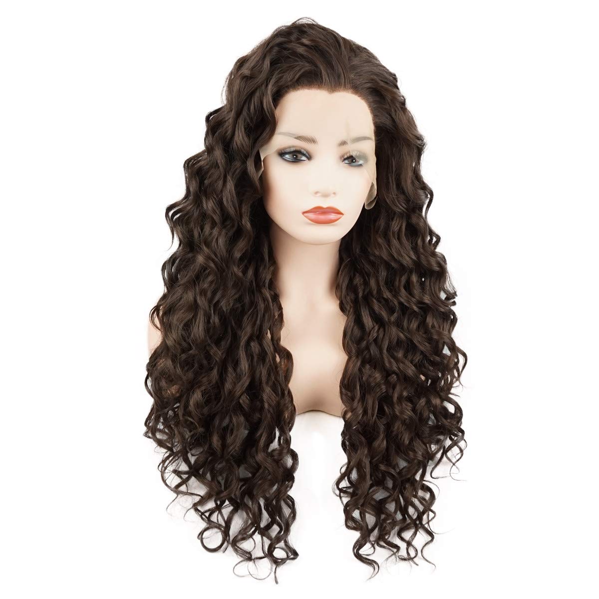 Hair Curly Long 26inch Brown Heavy Density Realistic Synthetic Lace Front Wigs