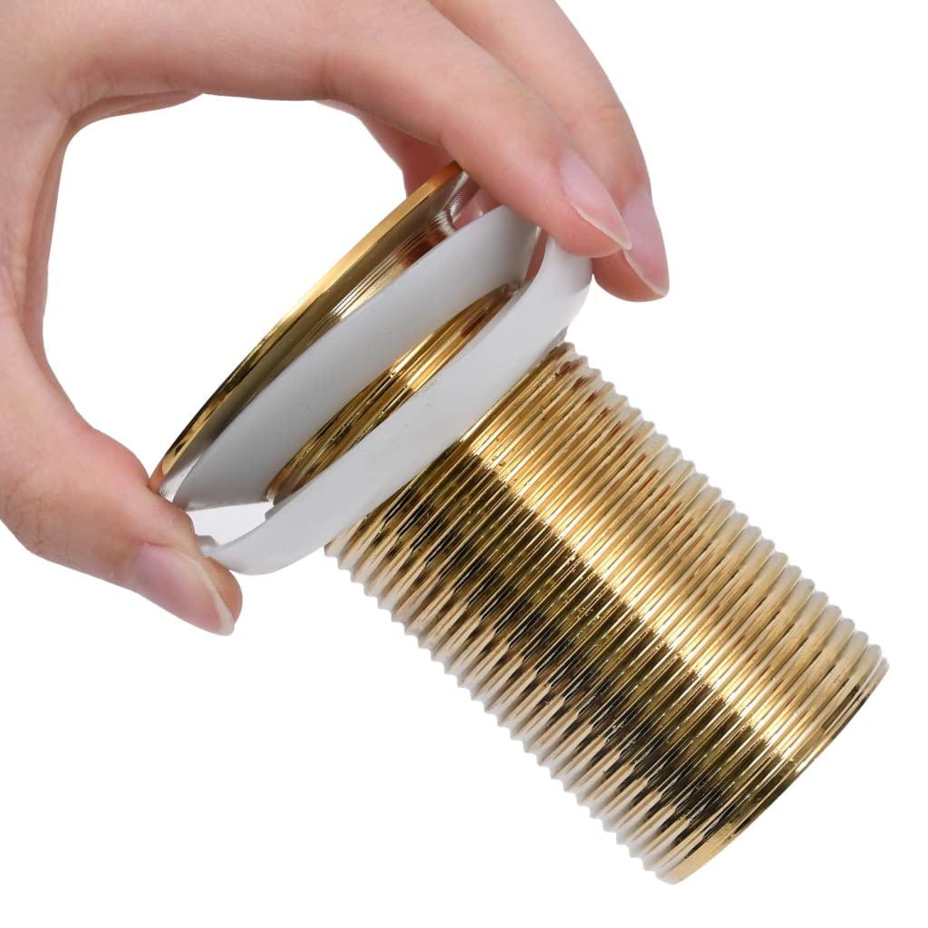Ablaufgarnitur ohne Überlauf Pop Up für Waschtisch Bad, golden 6,4 x 6,4 x 9,1 cm Zink Messing, Schraubanschluss 1¼ Zoll und 8 cm Saitenhalter