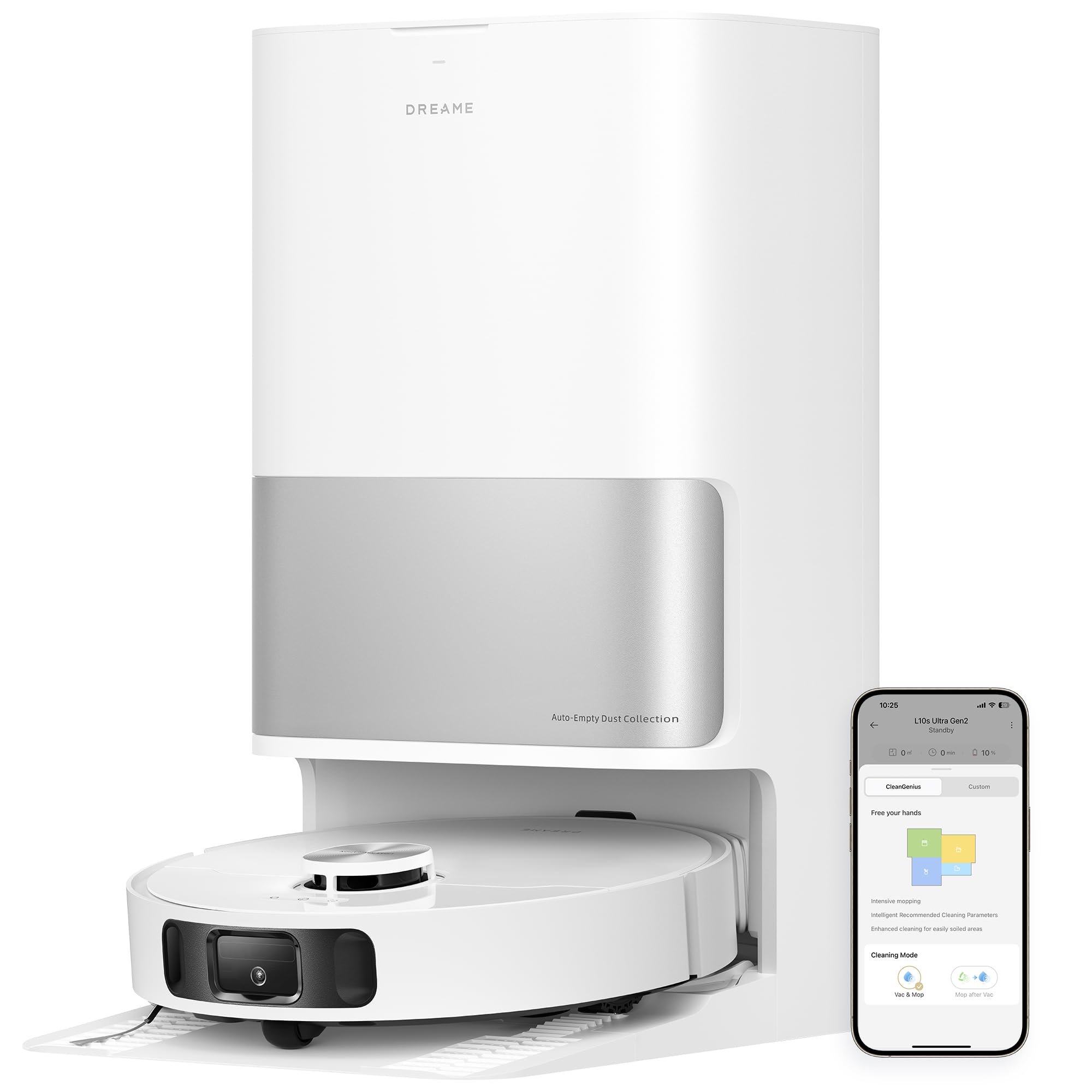 Dreame L10s Ultra Gen 2 Robot Vacuum and Mop, 10,000Pa Suction, RoboSwing Mop Extension, Fully Automatic Base, DuoScrub System, Pet Mode, Smart Carpet Strategy, 32 Water Levels, White, 2 Year Warranty
