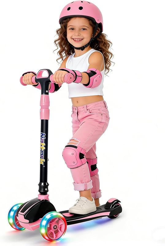 Nattork Kids Scooter for Age 3-8, Toddler Scooter with 4 Adjustable Height for Boys & Girls, Light Up 3-Wheels Foldable Kick Scooter, Lean to Steer, 120LB Weight Capacity
