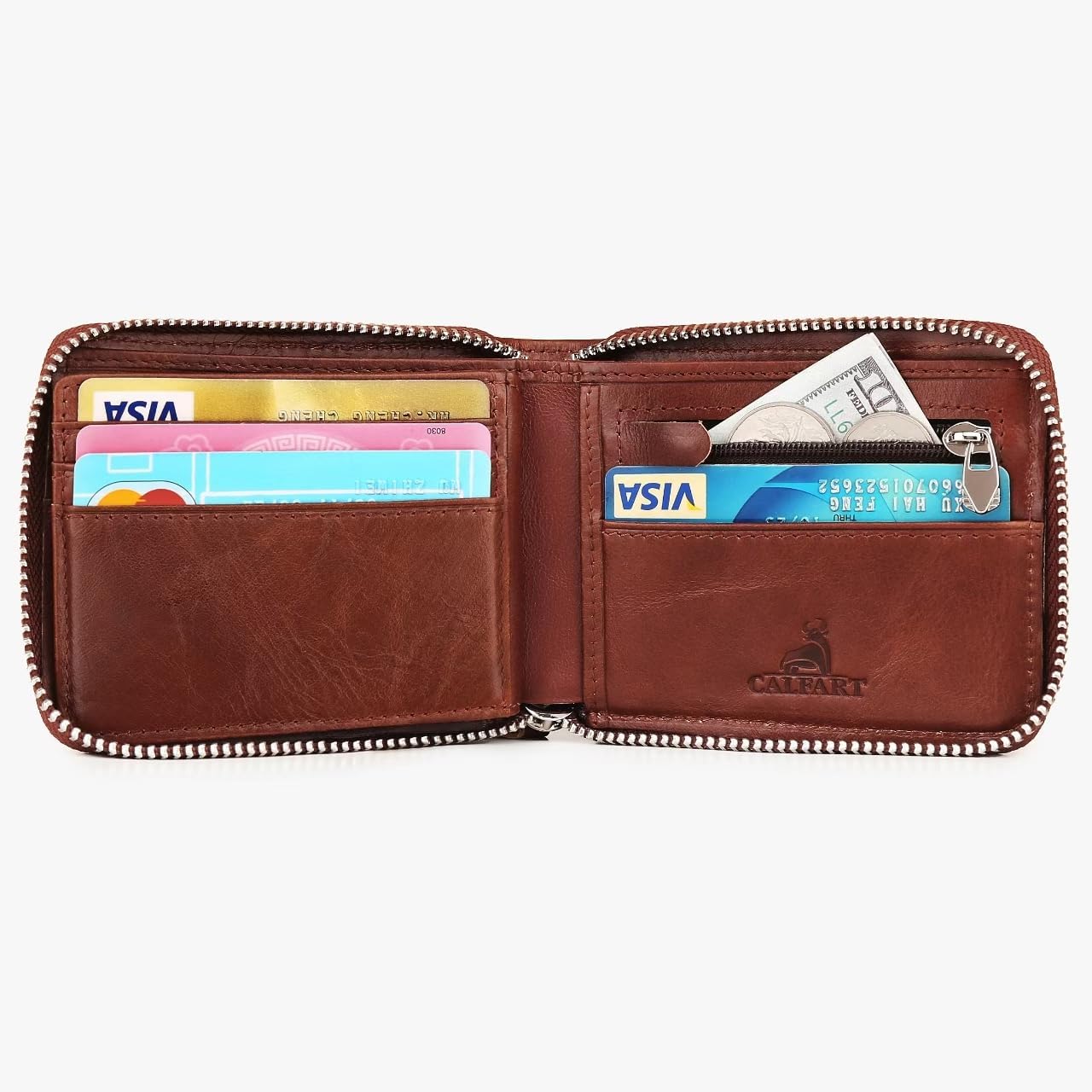 Slim Zipper Wallets For Men RFID Leather Mens Bifold Creidt Card Holder Zip Around Wallet With Coin Pocket - Image 2