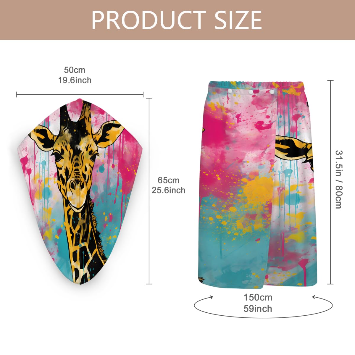 Mikrofaser-Duschtuch für Damen, mit Haarhandtuch, Aquarell-Giraffe, weiche Körperwickel, Kleid mit Haartrocknungskappe für Strand, Pool, Spa, 2 Sets