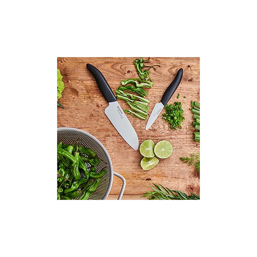 Kyocera Advanced Ceramics – Revolution Series 3-Piece Ceramic Knife Set: Includes 6-inch Chef's Knife; 5-inch Micro Serrated Knife; and 3-inch Paring Knife; Black Handles with White Blades