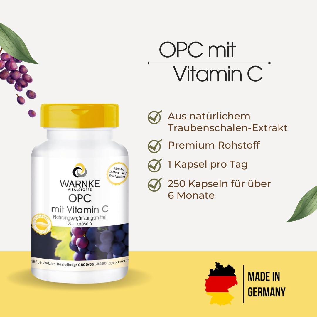 OPC Traubenschalenextrakt - 200mg Vitamin C + 60mg OPC pro Tagesdosis - 250 Kapseln - schluckfreundlich - vegan | Warnke Vitalstoffe - Deutsche Apothekenqualität