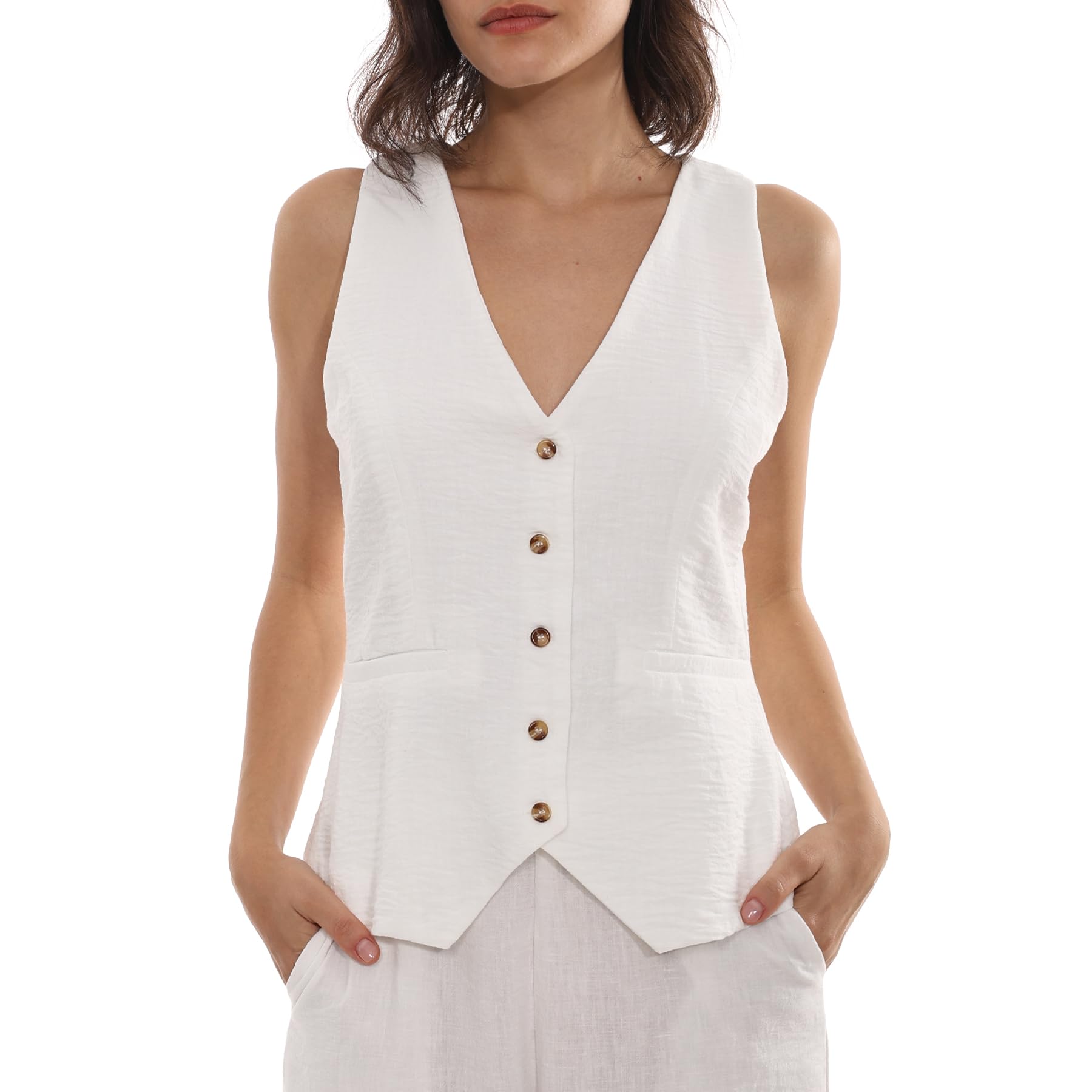 Amazhiyu Damen Leinen Anzugweste Ärmellos V-Ausschnitt Cropped Vest Sommer