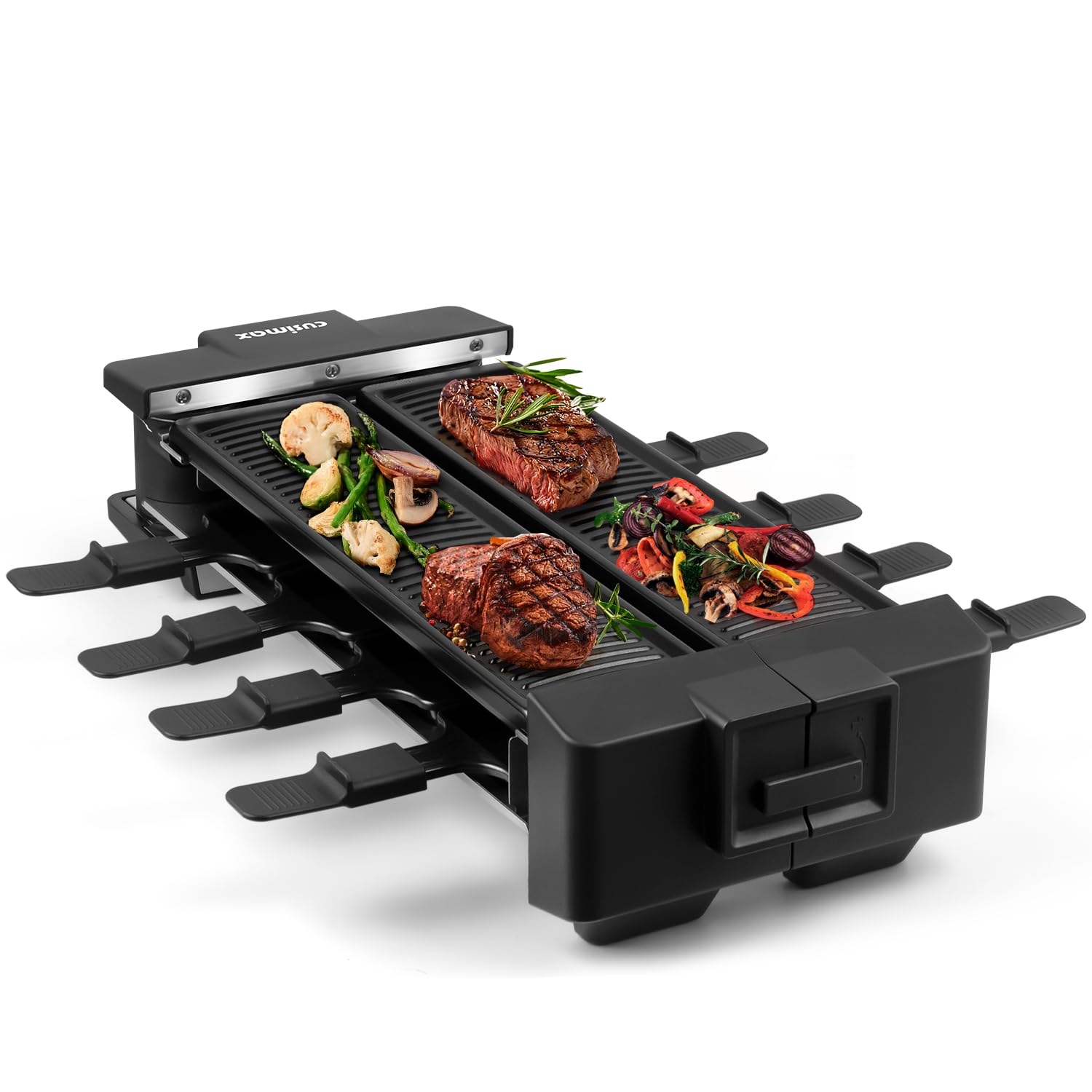 CUSIMAX Raclette Grill Raclette Table Grill Rotatable Korean BBQ Grill, 1400W Indoor Grill with 2 Non-stick Grill Plates, 8 Cheese Trays and Wooden Spatulas, Tabletop Electric Grill for 8 People