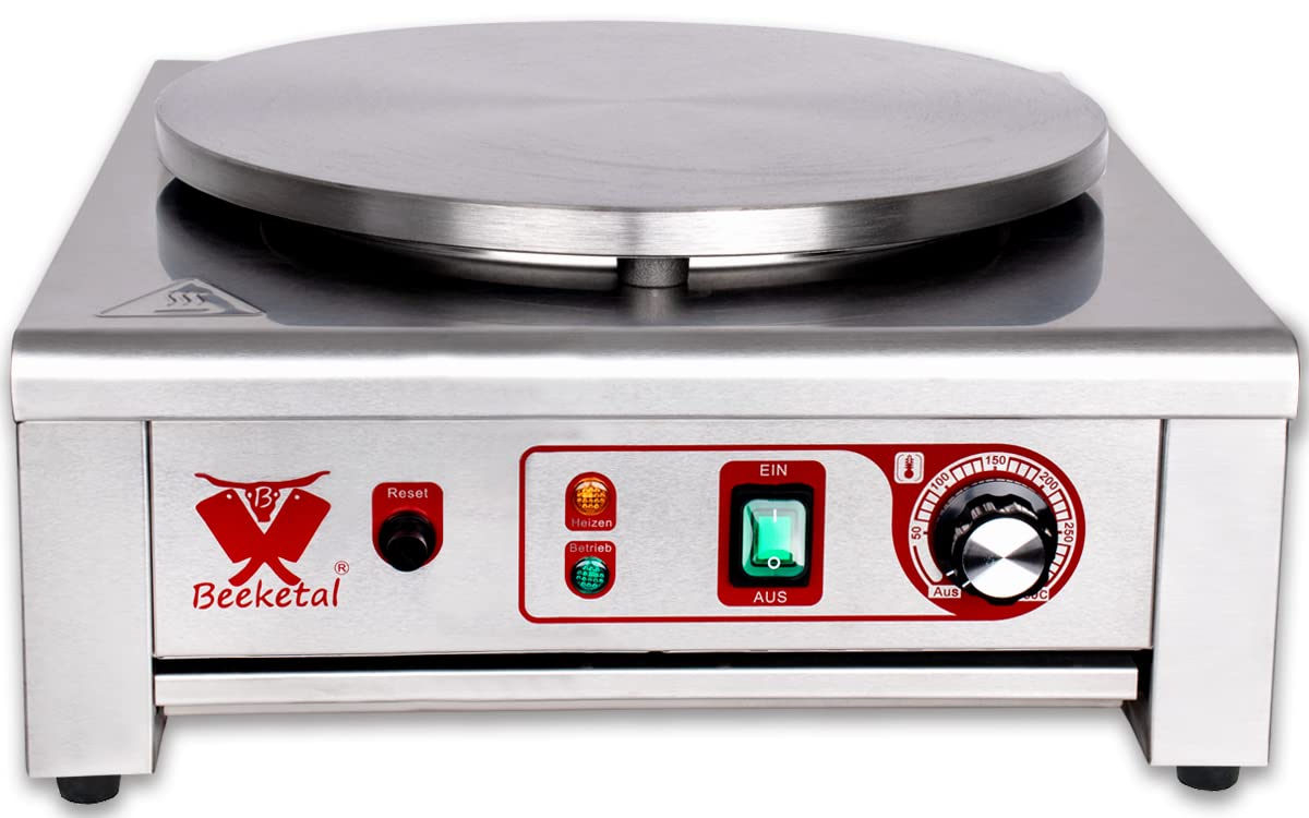 Beeketal 'BC40-1' Gastro Crepes Maker mit Ø 400 mm Gusseisen Crepesplatte, 50-300 °C stufenlos einstellbar, Profi Crepiere im Edelstahl Gehäuse mit extra Schublade