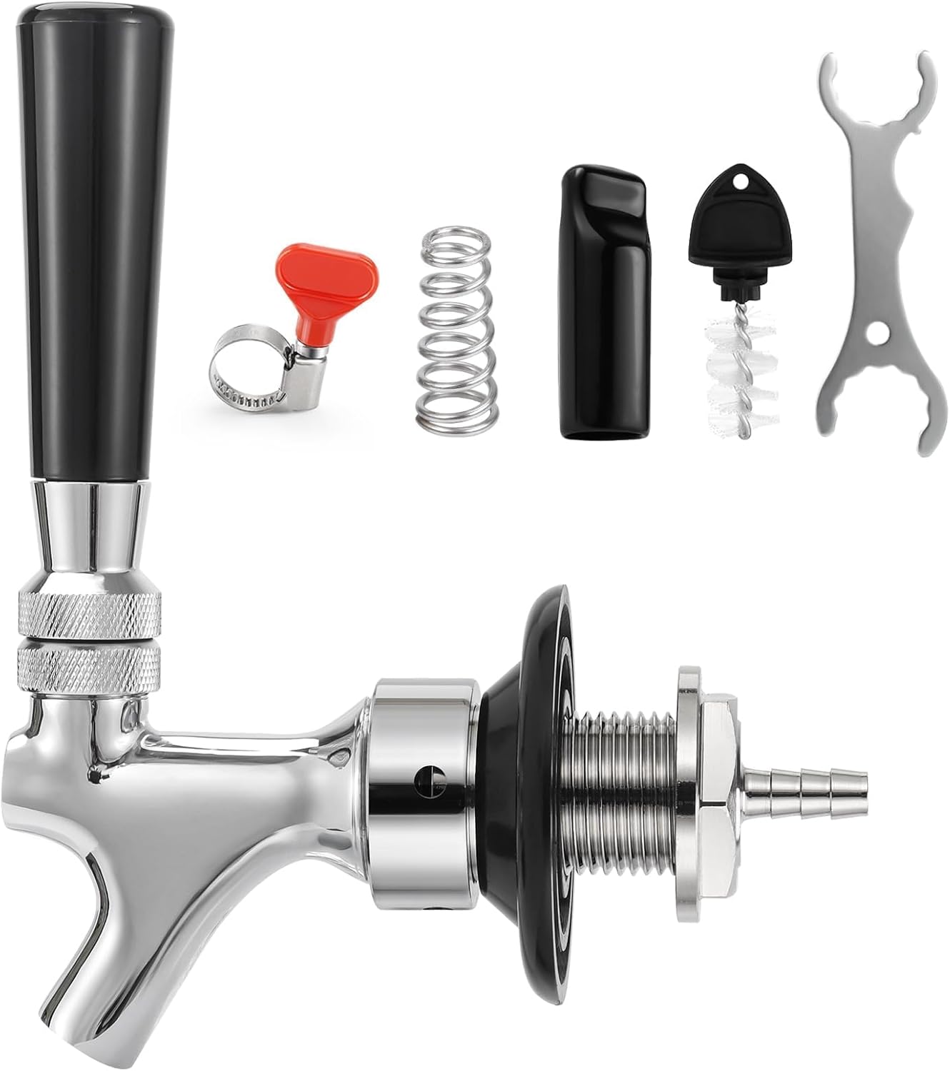 4-1/8'' Draft Beer Faucet Shank, 1/4'' Beer Line Barb No Leak No Drip No Stick Stainless Core Kegerator Brew Tap Beer Shank Dispenser Self-Closing Spring Tap Brush Spanner Wrench Hose Clamp