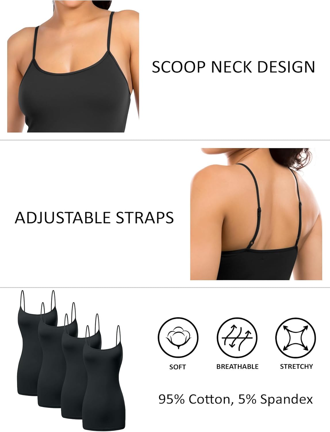 Long Cotton Camisole Spaghetti Strap Tank Top for Women Basic Cami Tops Womens Undershirts - Pack 1-4 - Image 3