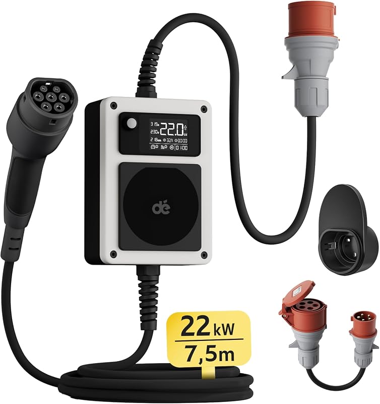 dé Mobile Wallbox 22 kW háromfázisú elektromos autó töltő 7,5m kábellel