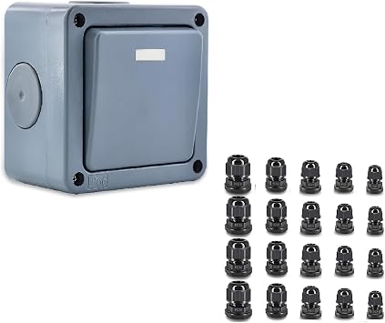 NineLeaf 1PK IP66 Waterproof Switch, SPDTSingle Pole Double ThrowSwitch, 1Gang 2Way Single Weatherproof Light Switch for Outdoor Garden, with 5 Different Outdoor Waterproof Sizes Cable Gland