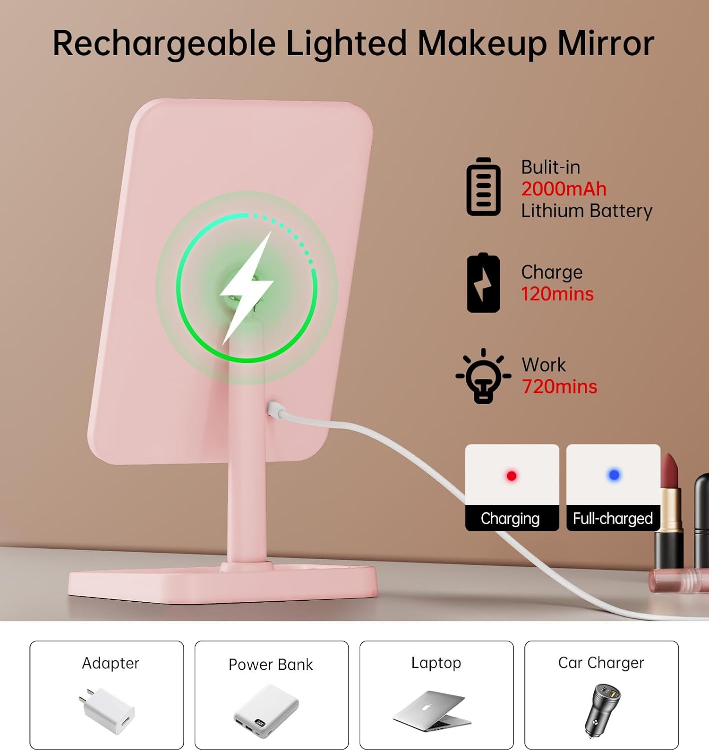 Famihomii Rechargeable Lighted Makeup Mirror for Girls, Desk Mirror with Lights, Detachable 10X Magnifying Mirror, Storage Base, 360° Rotation, Dimmable Lights for Teens Gifts, Pink - Image 2