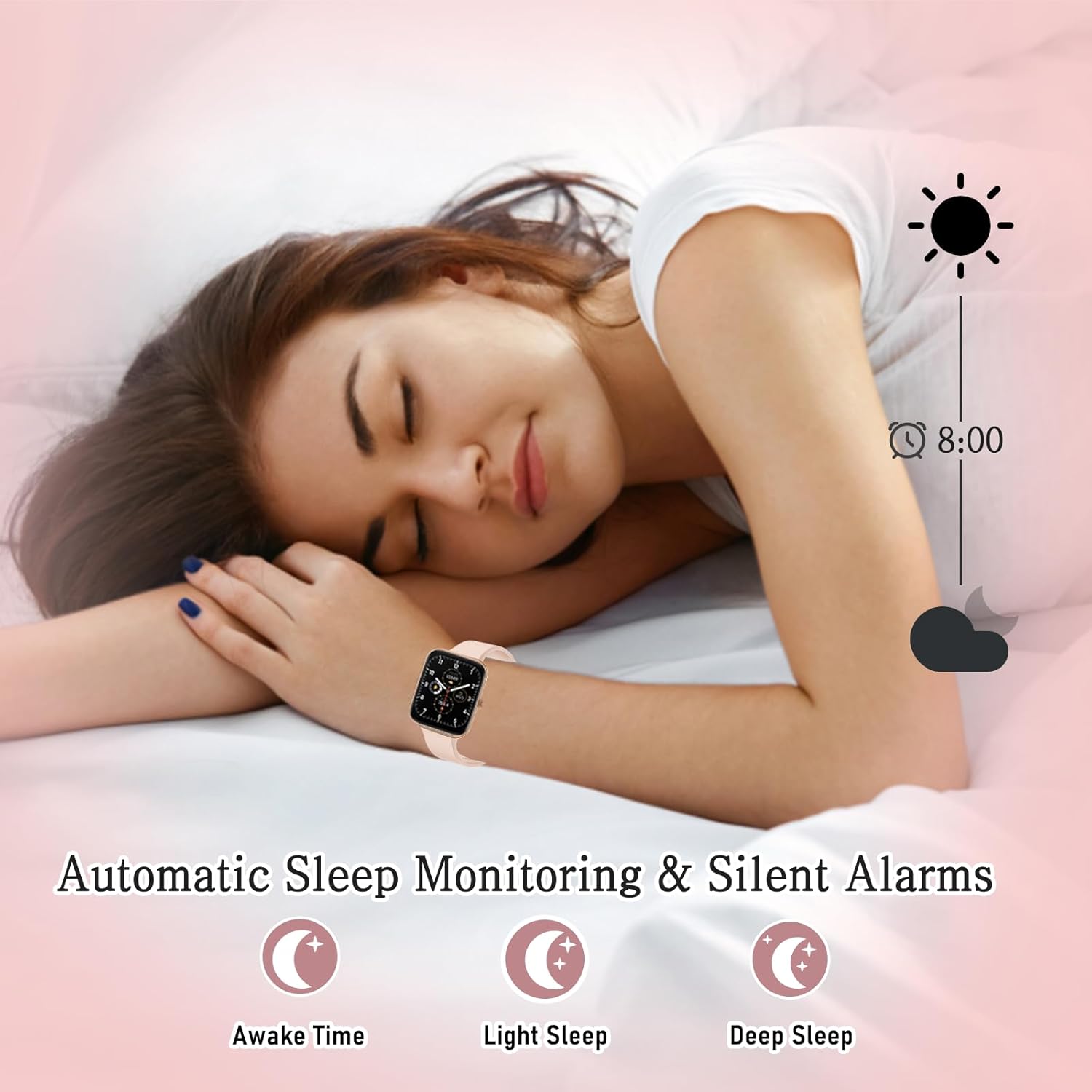 Woman sleeping with smartwatch, illustrating automatic sleep monitoring and silent alarms.