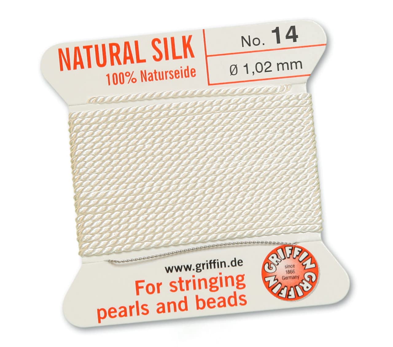 Griffin 100% Natural Silk Beading Cord String Thread - White - 2 metres with one Needle - Size 1.02mm