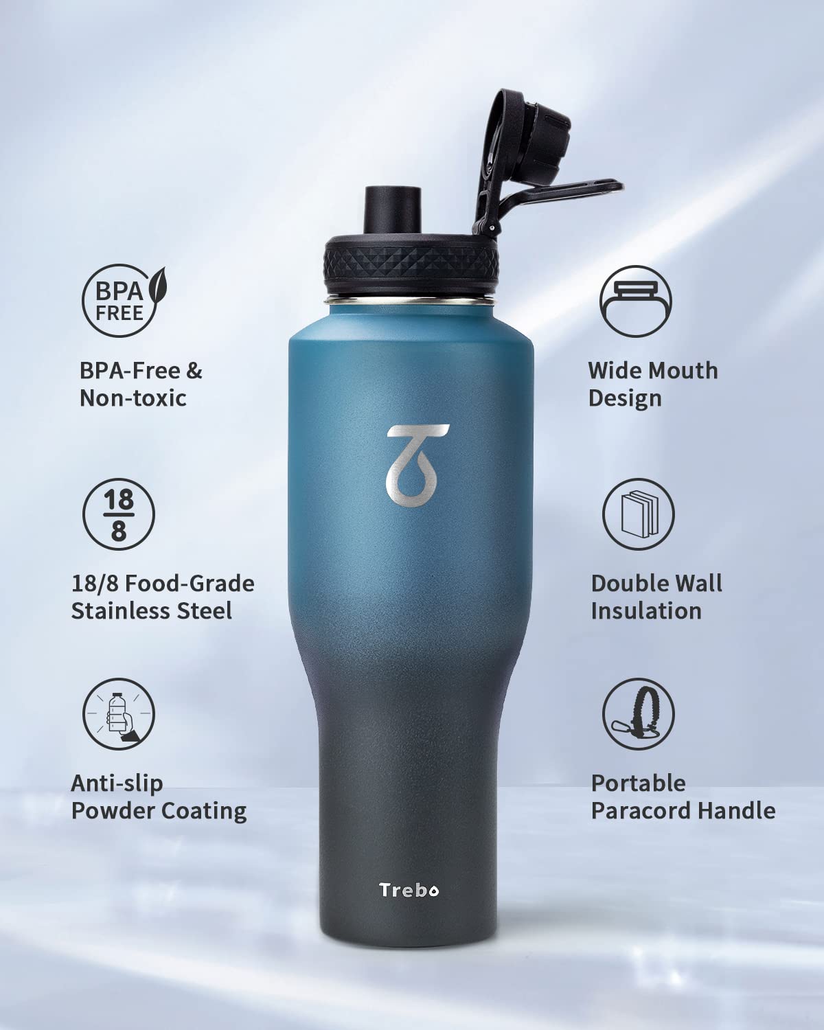 Trebo Borraccia termica 1.2 litro - Borraccia Termica 1 litro - Bottiglia acqua termiche - Senza BPA - Borraccia Termica con Cannuccia 2 Coperchi, Indigo Crush