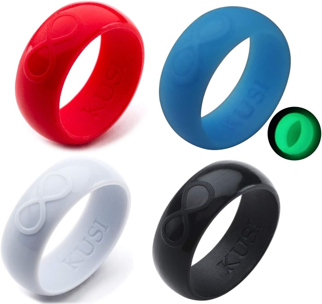 KUSI Silicone Wedding Ring Band for Men Committed to Active Lifestyle, Infinity Bands, Rubber, Comfort Fit, Black, Glow in The Dark and More, Singles and 4 Pack Sets