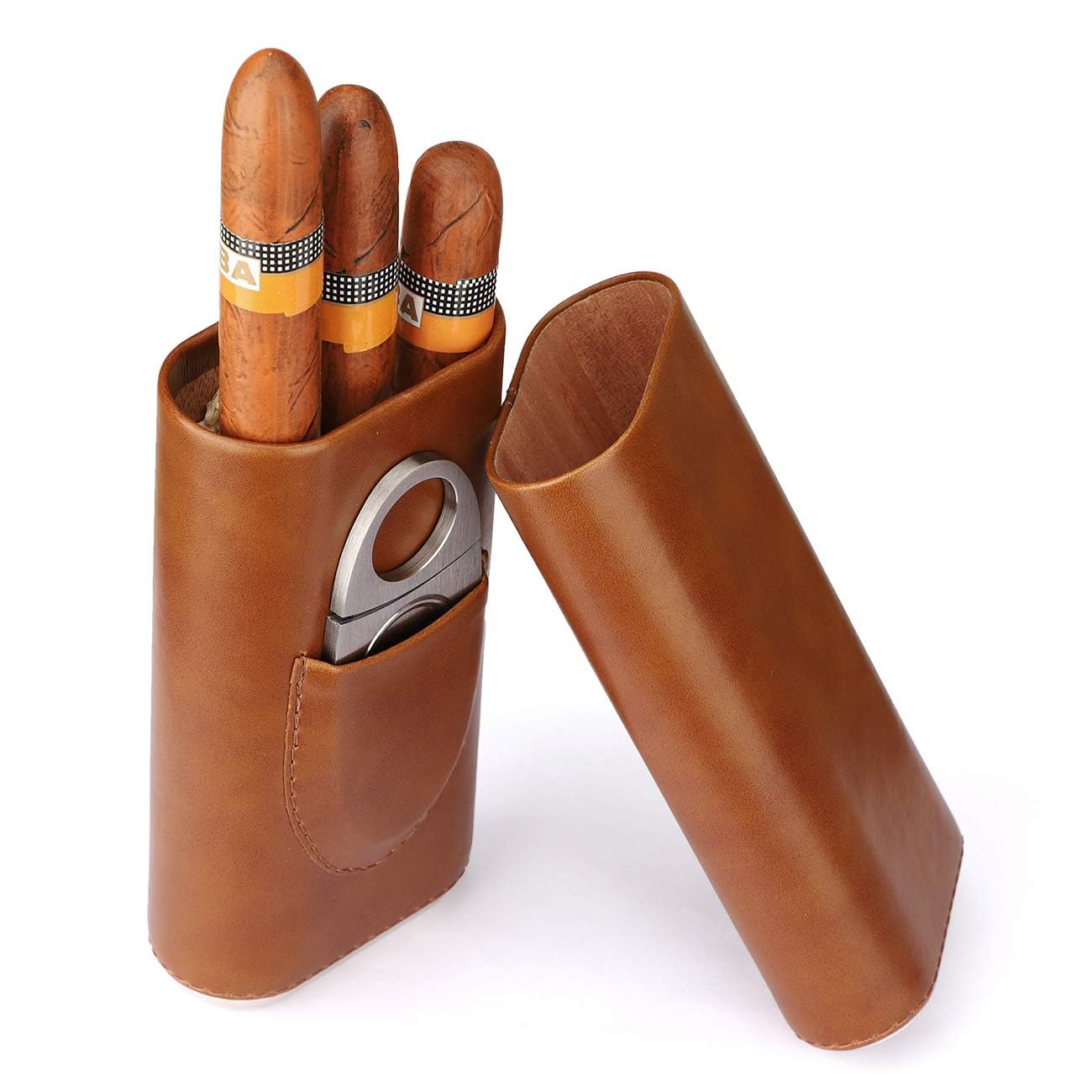 SKEIDO 3 Tubes Cigar Case Humidor Cigar Box with Stainless Steel Cigar Cutter, Leather Humidors with Cedar Wood Lining Cigar Holder Storage Accessories for Travel Outdoor (Brown)