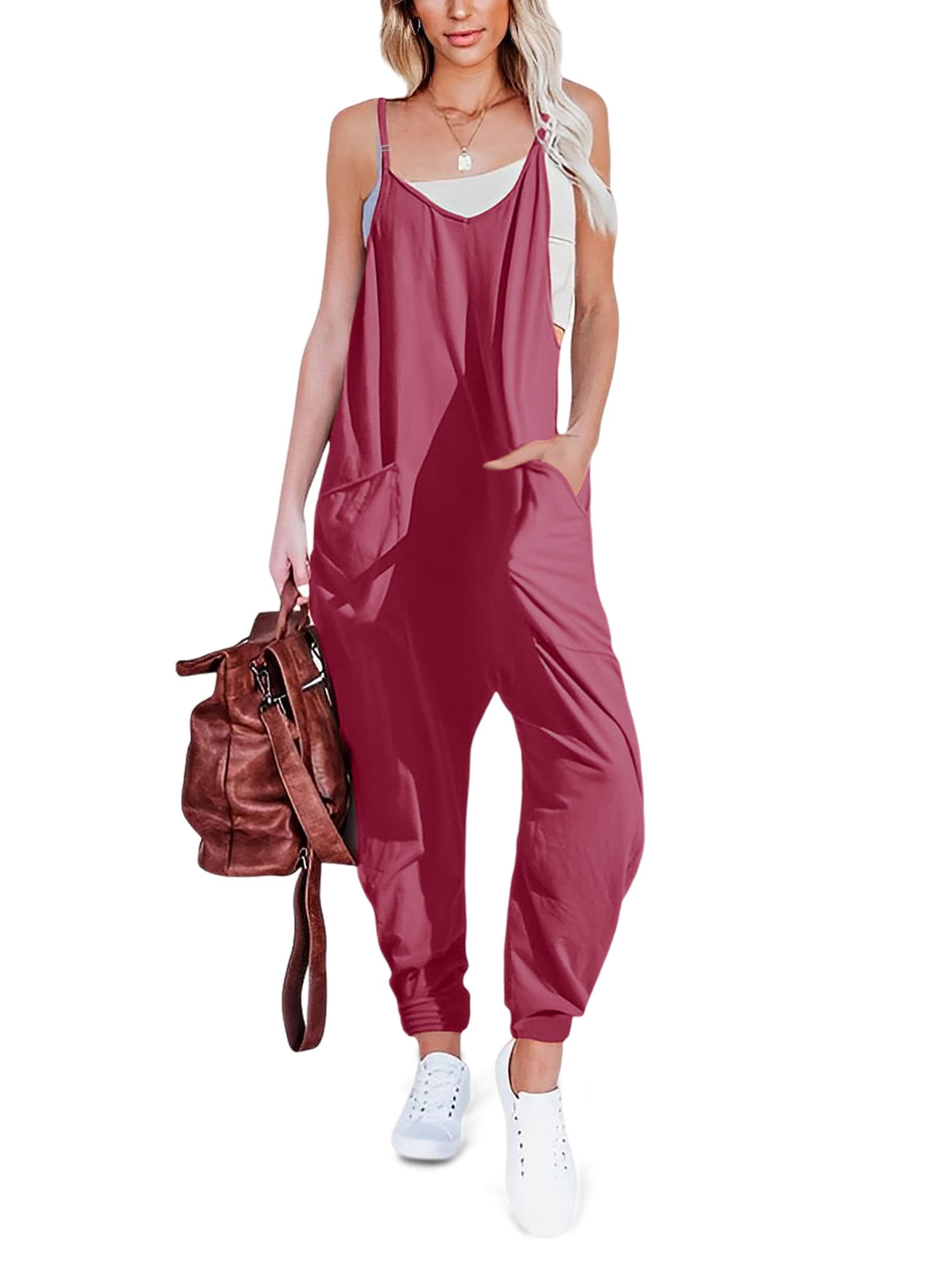 TAKEYAL Women Casual Loose Long Bib Pants Wide Leg Jumpsuits Baggy Rompers Solid Summer Fall Overalls for Teen Girl Ladies (Pink, XL)